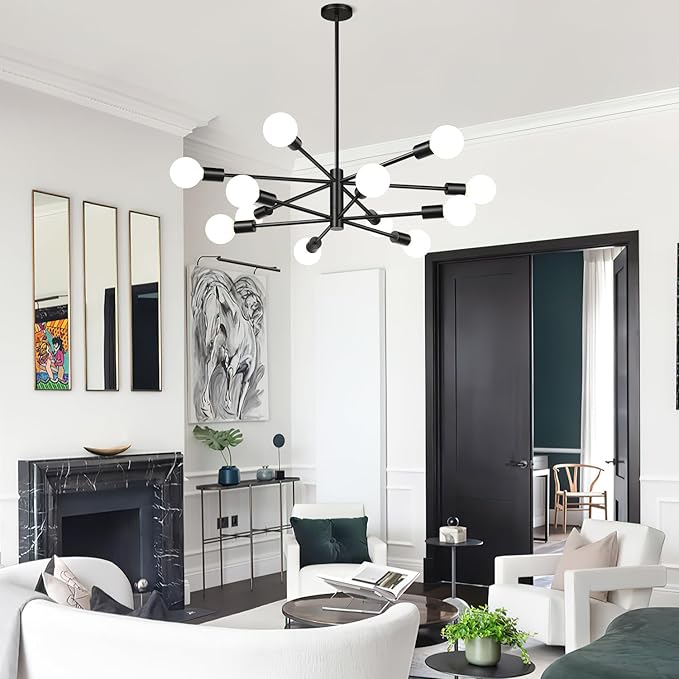 33" Modern Chandelier Ceiling Light Fixture, 12-Light Sputnik Chandeliers Matte Black Mid Century Chandelier Over Table, Height Adjustable Chandeliers for Dining Room Living Room (Bulbs Not Included)