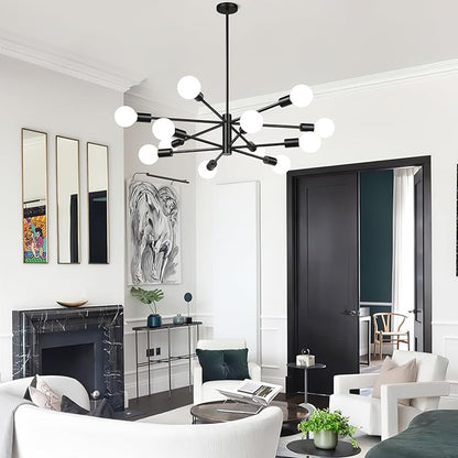 33" Modern Chandelier Ceiling Light Fixture, 12-Light Sputnik Chandeliers Matte Black Mid Century Chandelier Over Table, Height Adjustable Chandeliers for Dining Room Living Room (Bulbs Not Included)