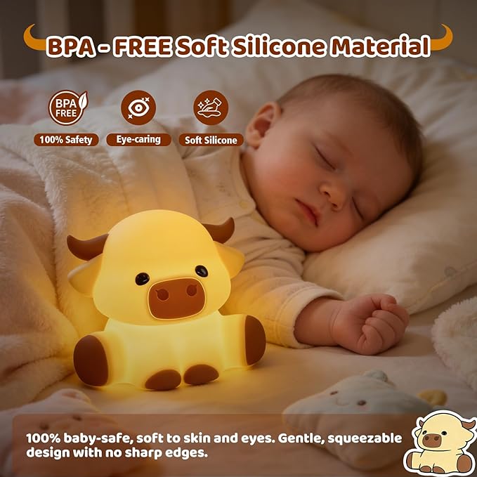 Cute Highland Cow Rechargeable Night Light, LED Touch Silicone Lamp for Bedroom with 7 Colors Timer and Dimmable Squishy Warm Light Night Lights, Animal Lamp for Bedroom Birthday Gift