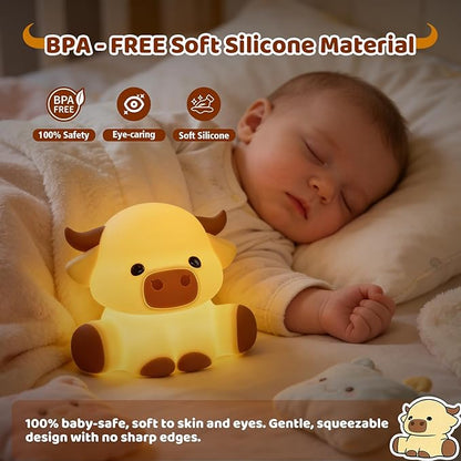 Cute Highland Cow Rechargeable Night Light, LED Touch Silicone Lamp for Bedroom with 7 Colors Timer and Dimmable Squishy Warm Light Night Lights, Animal Lamp for Bedroom Birthday Gift