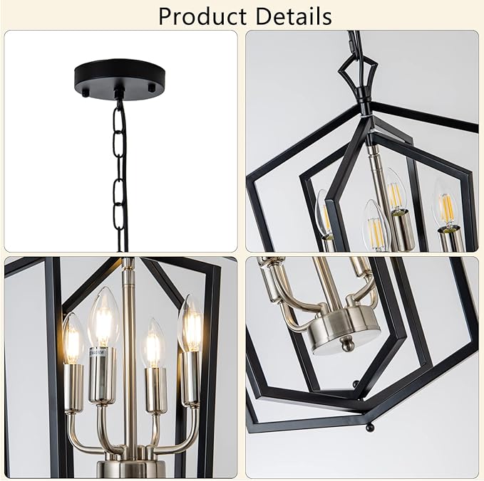 Lanhall 4-Light Dining Room Light Fixture Over Table Black Farmhouse Chandelier Metal Modern Pendant Light for Kitchen Island Dining Room Living Room Foyer Entryway-Brushed Nickel