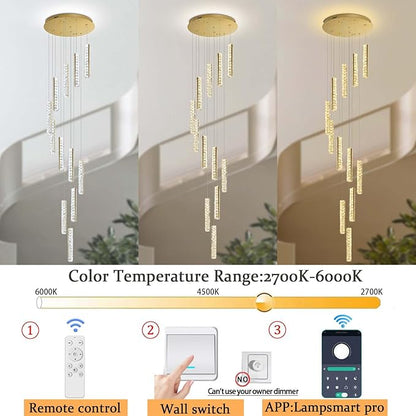 Long Spiral Crystal Chandelier Lighting for Foyer 12-Light Gold Staircase Chandelier High Ceiling Slopped LED Dimmable 2700K-6000K