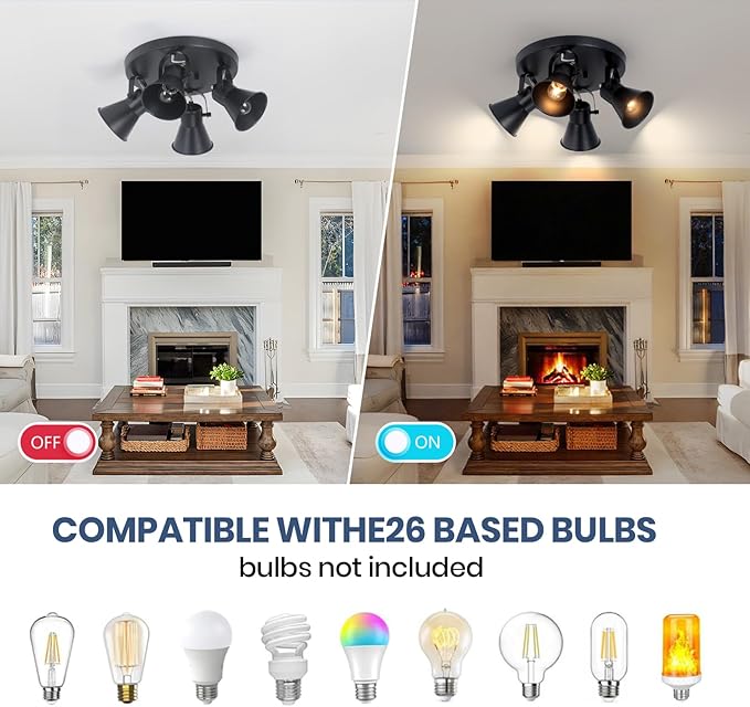 4-Light Kitchen Lighting Fixtures Ceiling, Adjustable Track Lighting Fixtures, Morden Black Directional Ceiling Light for Kitchen, Bathroom, Hallway, Dining Room, Coffee Bar.