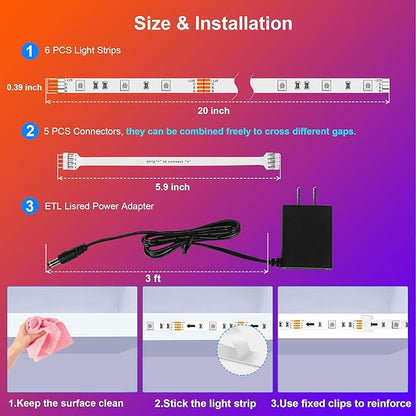 maylit 6 PCS RGB Under Cabinet Lighting Kit, App and Remote Control Led Strip Lights, Music Sync Color Changing Led Lights with ETL Listed Power Adapter, for Cabinet, Counter, Shelf, Bookcase, 9.8ft