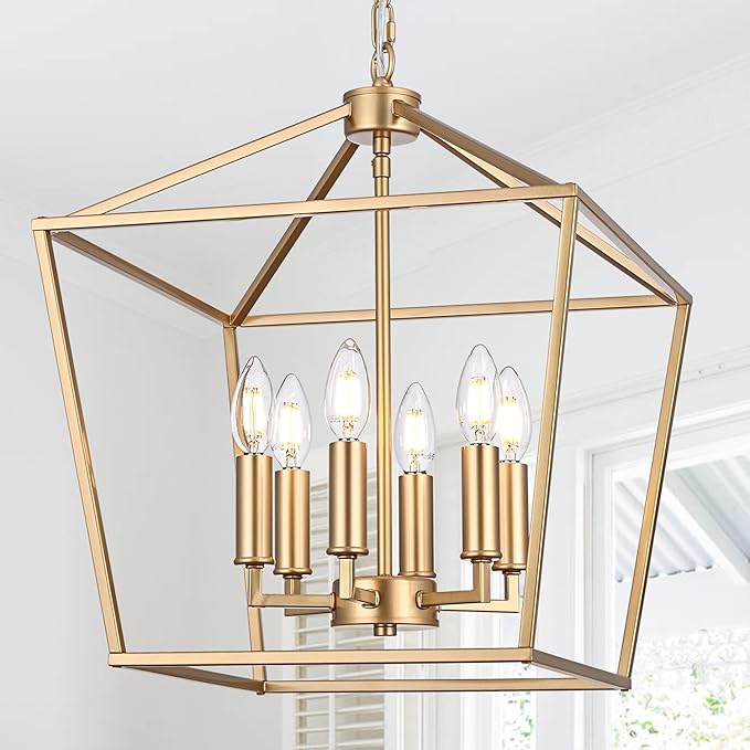 MELUCEE 16-inch Wide Farmhouse Chandelier Gold, 6-Light Vintage Openwork Cage Pendant Lighting Lantern Hanging Ceiling Light, Ideal for Kitchen Island Dining Areas Foyer, E12 Base