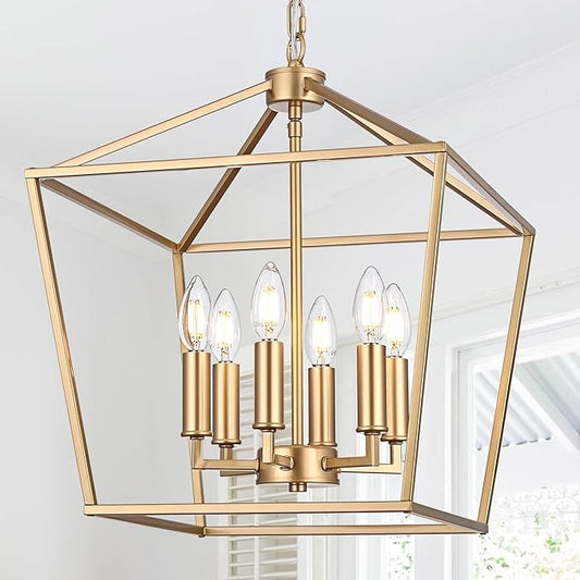 MELUCEE 16-inch Wide Farmhouse Chandelier Gold, 6-Light Vintage Openwork Cage Pendant Lighting Lantern Hanging Ceiling Light, Ideal for Kitchen Island Dining Areas Foyer, E12 Base
