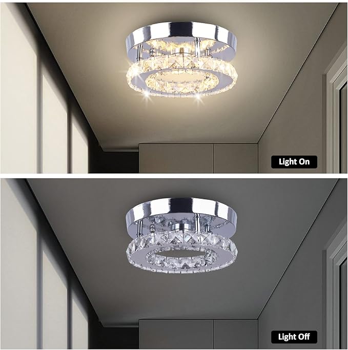 Modern Mini Led Chandelier Semi Flush Mount Crystal Lighting Ceiling Crystal Lamp for Bedrooms Dinning Rooms Hallway(Round Warm White)