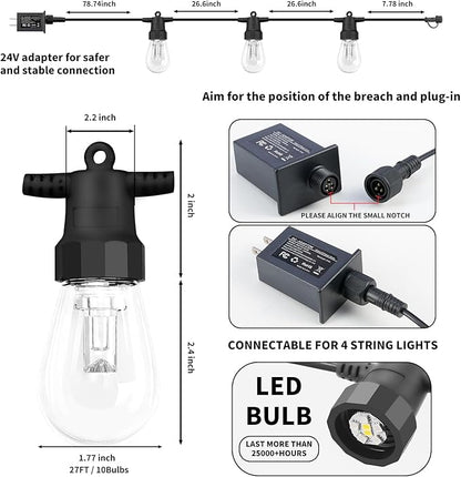 CAWWS Outdoor String Lights 27FT, Outdoor Lights for Patio with 10 Dimmable RGBW LED Bulbs, IP66 Waterproof Shatterproof, with APP Control & Remote, 24V Adapter Color Change,for Backyard Décor