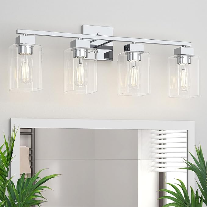 4 Light Bathroom Vanity Light - Chrome Bathroom Light Fixtures Square Design & UL Certification, 26 inch Square Bath Room Lights Over Mirror, Vanity Lighting Fixtures for Living Room & Bedroom
