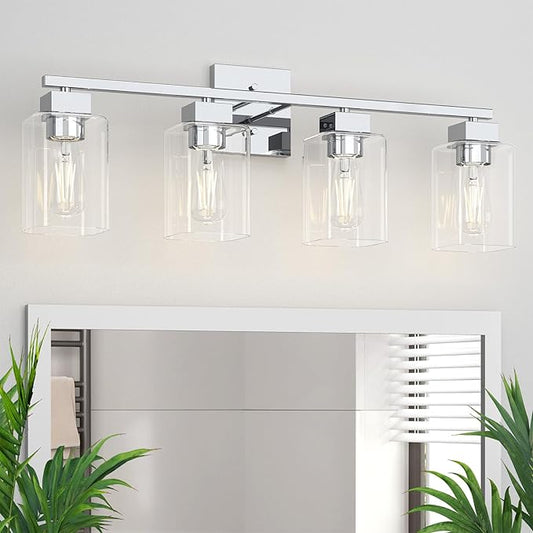 4 Light Bathroom Vanity Light - Chrome Bathroom Light Fixtures Square Design & UL Certification, 26 inch Square Bath Room Lights Over Mirror, Vanity Lighting Fixtures for Living Room & Bedroom