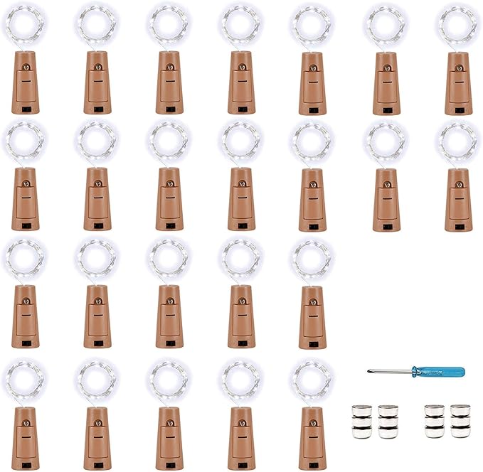 YJFWAL 24Pack 20LED Wine Bottle Lights with Cork, Cork Shape Silver Copper Wire Fairy Mini String Lights Fairy Lights Battery Operated for DIY, Party, Wedding, Christmas, Halloween Decor (Cool White)