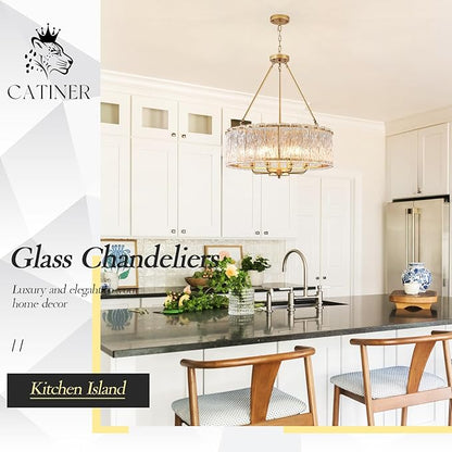 CATINER Gold Drum Chandelier 24.4" Modern Crystal Glass Chandeliers Luxury 8-Light Pendant Ceiling Chandelier Lighting for Dining Room Foyer Living Room Bedroom