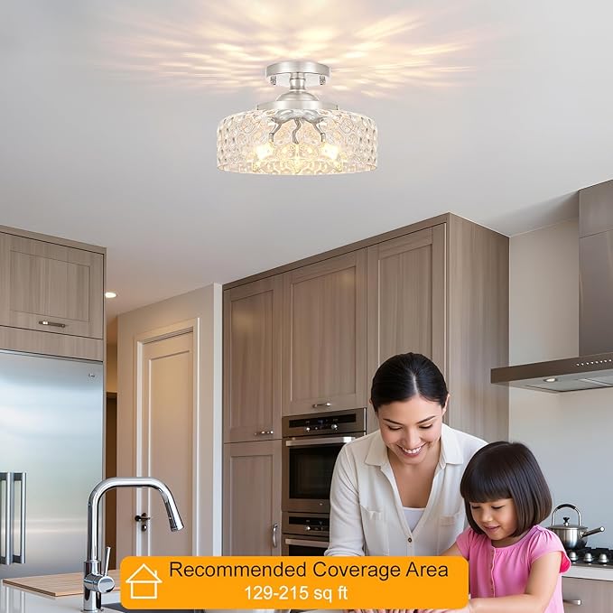 Daunton Brushed Nickel Semi Flush Mount Ceiling Light, 3-Light Ceiling Light with Hammered Glass, Vintage Hallway Light Fixtures, Kitchen Flush Ceiling Mount for Entryway Bedroom Bathroom,E12