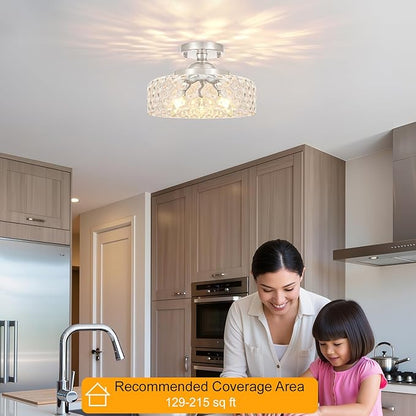 Daunton Brushed Nickel Semi Flush Mount Ceiling Light, 3-Light Ceiling Light with Hammered Glass, Vintage Hallway Light Fixtures, Kitchen Flush Ceiling Mount for Entryway Bedroom Bathroom,E12