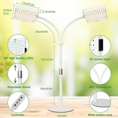 2Head Tabletop Grow Light, Bright and Big Coverage Grow Lights for Seed Starting, Bonsai, Succulent, 4/8/12/16/20H Timer, 50 Watt Power Draw, NO Need Adapter, 16"-24" Height Adjustable