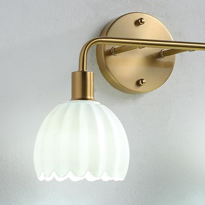 1-Light Gold Brass Bathroom Light Fixture,Wall Sconces Set of 2,Brushed Gold Vanlity Light Over Mirror,Bathroom Vanity Light with White Glass Flower Shade,E26 Socket(Bulbs Not Included)