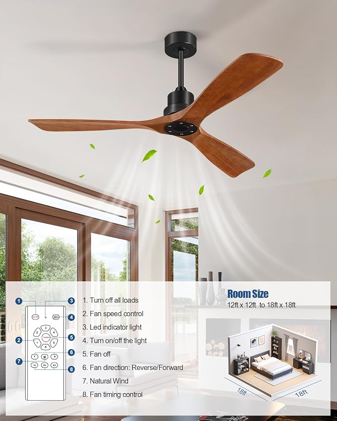 Ceiling Fans With Remote Control, Outdoor Ceiling Fan for Patios Indoor, 3 Downrods, 3 Blades, Timer, 6 Speed Reversible Quiet DC Motor Modern Fan Solid Wood Fan, 52in, Brown