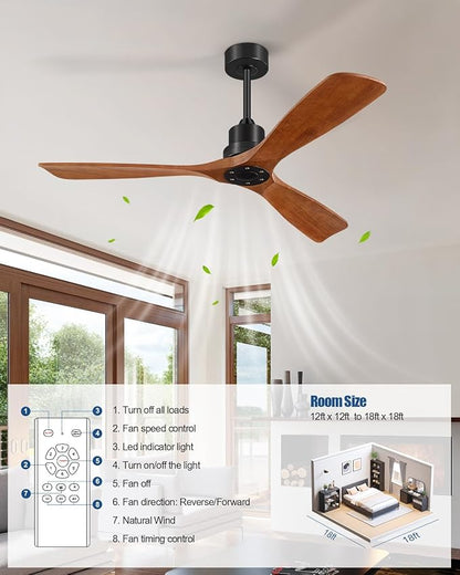 Ceiling Fans With Remote Control, Outdoor Ceiling Fan for Patios Indoor, 3 Downrods, 3 Blades, Timer, 6 Speed Reversible Quiet DC Motor Modern Fan Solid Wood Fan, 60in, Brown