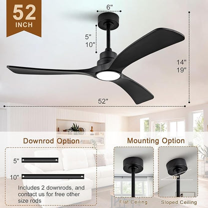 Black Ceiling Fan with Light,52 inch Solid Wood Ceiling Fan, Remote Control,Wall Switch,Dimmable,Reversible Quiet DC Motor,Power Off Memory Modern Ceiling Fans for Bedroom Patio Indoor/Outdoor