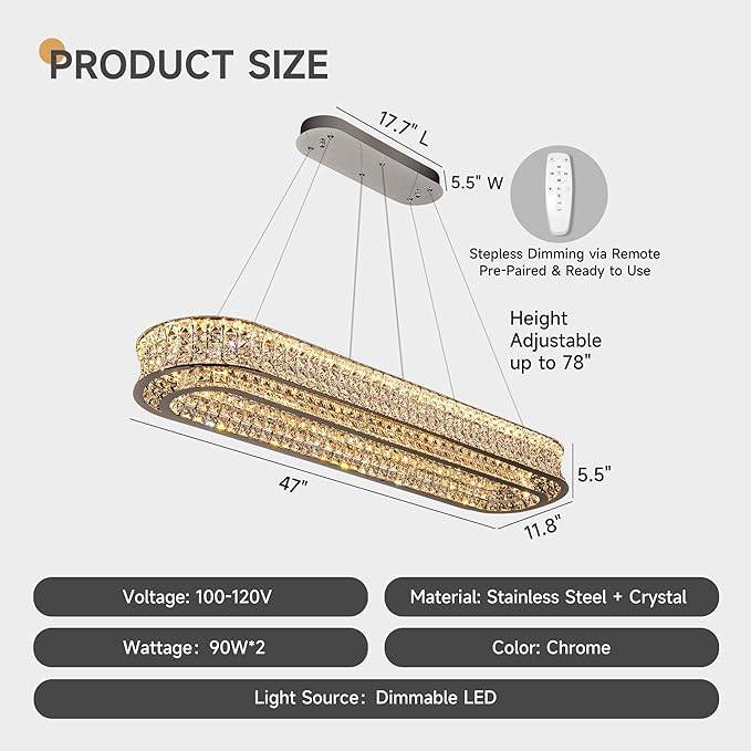 47" LED Rectangle Chrome Crystal Chandeliers for Dining Room, Luxury, Rectangular Modern Crystal Oval Kitchen Chandelier, Dimmable LED with Remote, for Dining Room, Kitchen Island