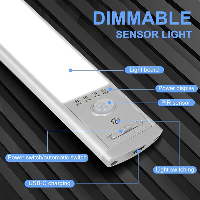Under Cabinet Lighting, 2Pack Motion Sensor Light Indoor with 3 Color Temps, Rechargeable Under Counter Lights for Kitchen,Dimmable Closet Lights Battery Operated, 88 LED Motion Sensor Light Indoor
