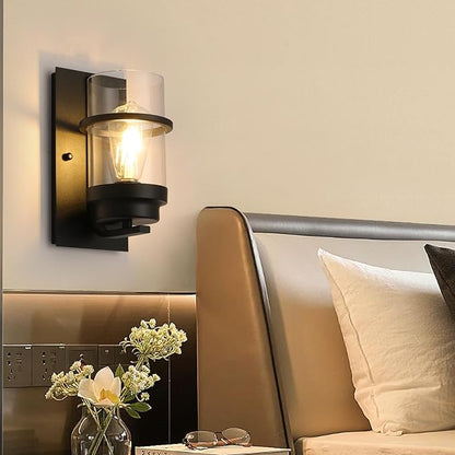 Modern Farmhouse Wall Sconce,Black Industrial Cylinder Glass Wall Light Fixture,Indoor Hardwired Wall Lamp for Bedroom,Hallway,Bathroom,Living Room,E26 Base