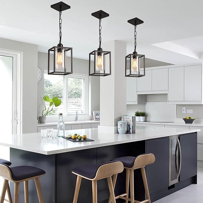Farmhouse Pendant Light,Black Metal Frame Hanging Light Fixture with Clear Glass Shade Chandelier, Adjustable Chains Industrial Mini Pendant Lighting for Kitchen Island Entryway Porch