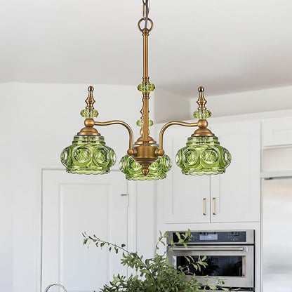 3-Light Green Pendant Lighting Fixtures Vintage Brass Pendant Light for Bedroom Kitchen Island Dining Room Living Room