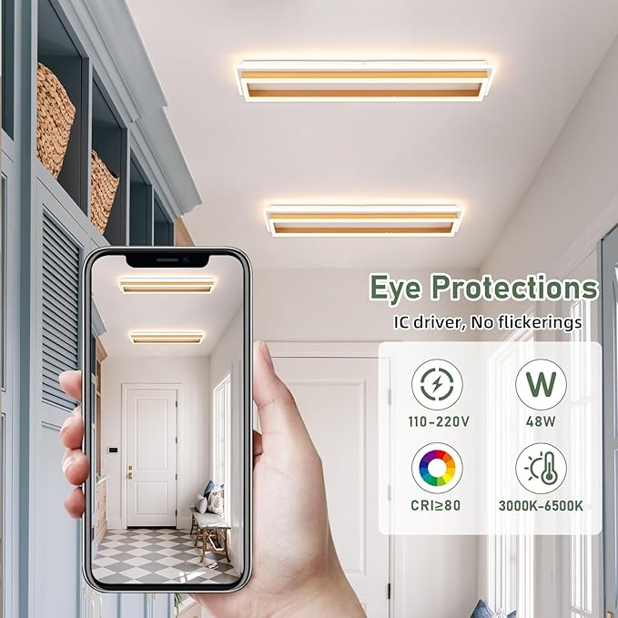 Dimmable Led Ceiling Light with Remote Control 31.5in Modern Linear Flush Mount Ceiling Lighting Fixture Acrylic Long Ceiling Lamp for Living Room Kitchen Dining Room Hallway (Gold)