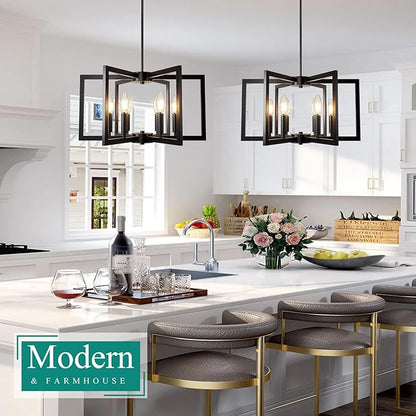 6-Light Black Chandelier, Farmhouse Dining Room Light Fixture, Large Modern Chandelier, Geometric Industrial Metal Hang Lighting Fixture for Foyer Entryway Kitchen Over Table Hallway Living Room