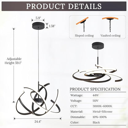 Black Modern Sputnik Chandelier with Remote Control, 44W 3-Color Temperature Dimmable LED Chandelier for Dining Room, Hanging Adjustable Pendant Light for Living Room Kitchen Foyer Entryway