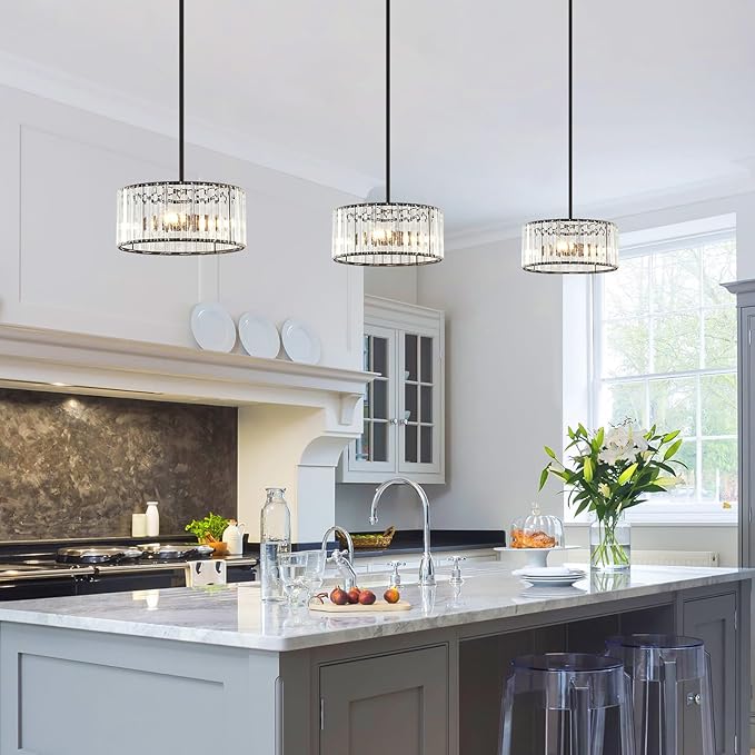 YURNYQ Black Crystal Chandelier, Small Modern Semi Flush Mount Ceiling Chandelier Light Fixtures, Round Hanging Lighting Fixture for Kitchen Bedroom Hallway Entryway Laundry Room, 3-Light, 11.8 Inch