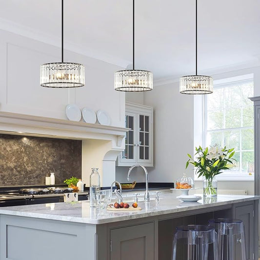 YURNYQ Black Crystal Chandelier, Small Modern Semi Flush Mount Ceiling Chandelier Light Fixtures, Round Hanging Lighting Fixture for Kitchen Bedroom Hallway Entryway Laundry Room, 3-Light, 11.8 Inch