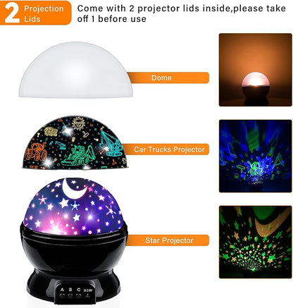 Kids Night Light Projector for Boys, Cars Nightlight and Star Projector Lamp, 360° Rotating Ceiling Light, Car Truck Night Light for Bedroom, Kids Sensory Toys Birthday Gifts for Boys Age 3-7