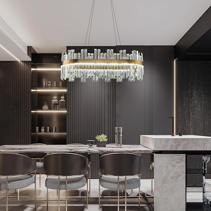 Gold Modern Crystal Led Chandelier: 39.3" Dimmable K9 Crystals Chandeliers over Table - Golden Luxury Glass Rectangle Chandelier - Height Adjustable Chandeliers with Remote for Dining Room Living Room