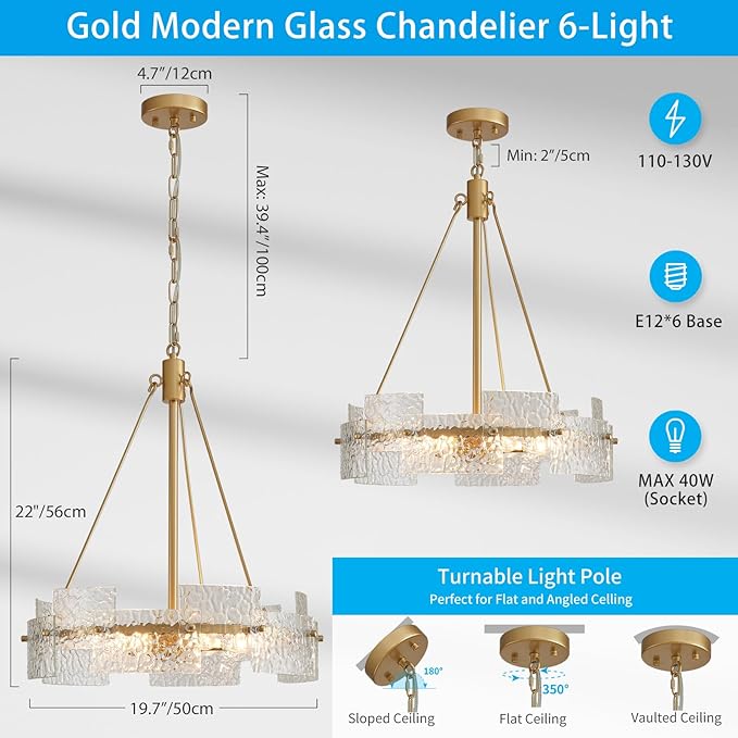 XINGQI 6-Light Modern Gold Glass Chandelier 19.7" Drum Light Fixture Round Water Ripple Pendant Lighting for Dining Room Living Room Kitchen Island Office