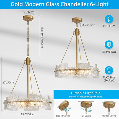 XINGQI 6-Light Modern Gold Glass Chandelier 19.7" Drum Light Fixture Round Water Ripple Pendant Lighting for Dining Room Living Room Kitchen Island Office
