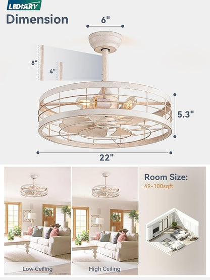 LEDIARY 22 inch Caged Ceiling Fan with Light, Bladeless Industrial Ceiling Fan with Remote, Farmhouse Fan Lights Ceiling Fixtures for Kitchen, Bedroom, Outdoor（6 Speed, Timing）-White and Gold