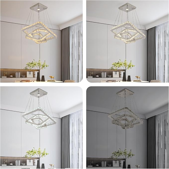 Modern Crystal Chandelier, Dimmable LED Pendant Light with Remote, Square 3-Ring K9 Crystal Chandelier, Height Adjustable 47W Hanging Light Fixture for Dining Room Living Room Bedroom Foyer