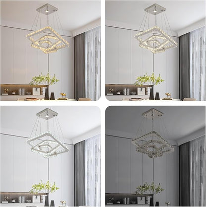 Modern Crystal Chandelier, Dimmable LED Pendant Light with Remote, Square 3-Ring K9 Crystal Chandelier, Height Adjustable 47W Hanging Light Fixture for Dining Room Living Room Bedroom Foyer