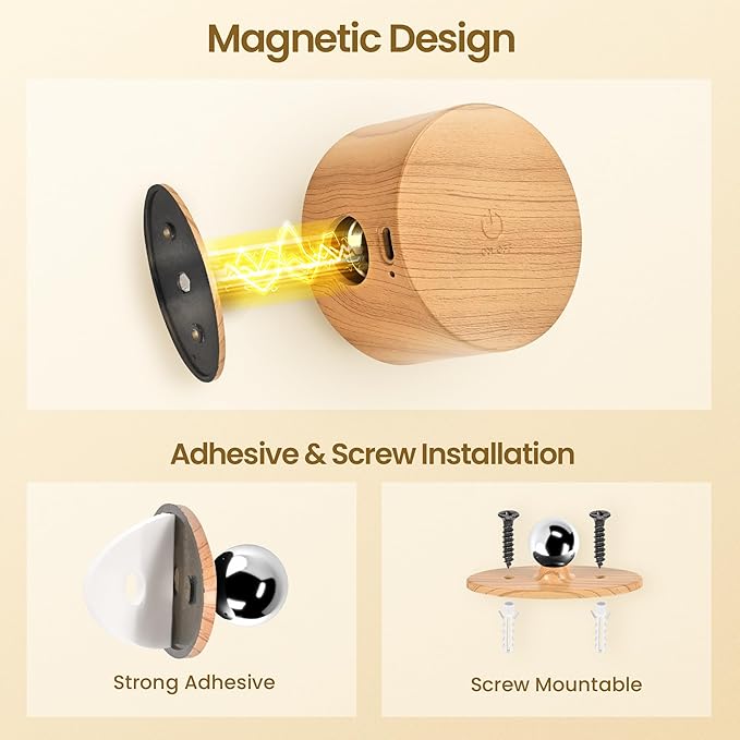 Wall Mounted Lamp LED Wall Lights with Rechargeable Battery Operated, 3 Color Temperatures & 3 Brightness Levels 360°Rotate Magnetic Ball, Cordless Sconces for Reading Bedroom Bedside,Wood-2 Pack