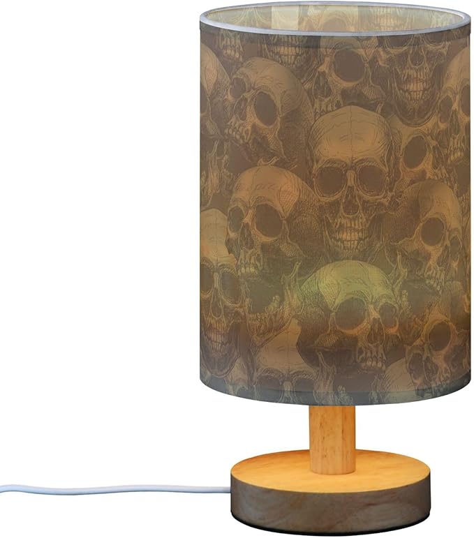 Scary Skull Pattern Table Lamp with Wood Base Fabric Lamp Shade Bedside Nightstand Desk Lamp for Living Room Bedroom Kids Room Office