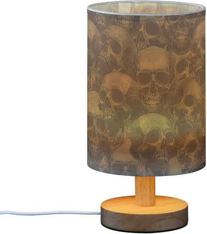 Scary Skull Pattern Table Lamp with Wood Base Fabric Lamp Shade Bedside Nightstand Desk Lamp for Living Room Bedroom Kids Room Office