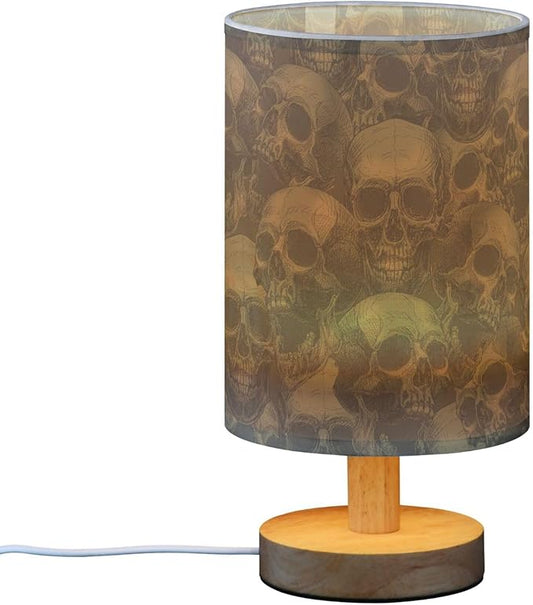 Scary Skull Pattern Table Lamp with Wood Base Fabric Lamp Shade Bedside Nightstand Desk Lamp for Living Room Bedroom Kids Room Office