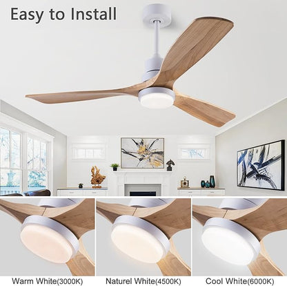 48" Wooden Ceiling Fans with Lighted Remote Control, Indoor Outdoor Wooden Ceiling Fan, Outdoor Modern Ceiling Fan with 3 Fan Blades for Patio, Living Room, Farmhouse, etc (White + Wood Color)…