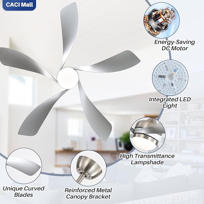 CACI Mall 52 Inch Ceiling Fans with Lights and Remote, modern, Outdoor ceiling fan with 6-Speed, 5 Blades, 2 Downrods, 3 CCT, Timer, Quiet Reversible DC Motor for Living Room, Bedroom, Patios