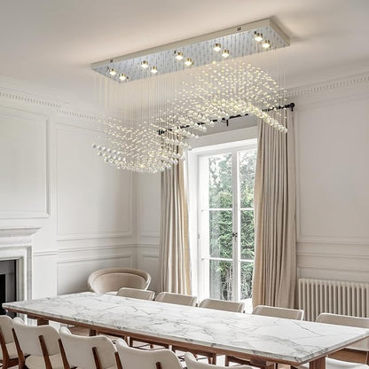 Modern Rectangle Crystal Raindrop Chandelier: 47" Long Chrome Dimmable Led High Ceiling Chandeliers with Remote - Silver Wave Raindrop Flush Mount Ceiling Light Fixture for Dining Living Room Kitchen