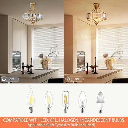 Modern Gold Crystal Chandelier 4 Lights Semi Flush Mount Ceiling Light Fixture E12 Base Farmhouse Mid Century Chandelier for Dining Room Bedroom Hallway Entryway Kitchen