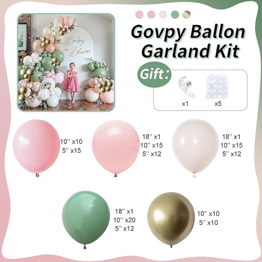 Baby in Bloom Balloon Arch Kit, 134Pcs Dusty Sage Green and Pastel Pale Pink Cream White Beige Light Gold Floral Balloon Garland for Girls Boho Baby Shower Flower Birthday Garden Tea Party Decorations