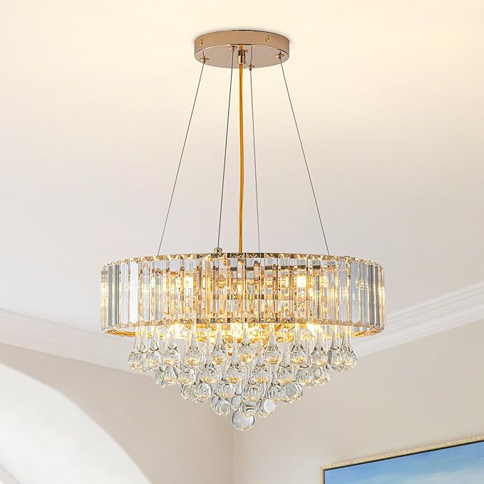 HOPGGIE 17 Inch Crystal Chandeliers Flush Mount Chandelier G9 Base Round Modern Ceiling Light Fixture Pendant Lighting for Living Room Dining Room Laundry Room Kitchen Bedroom (Gold)